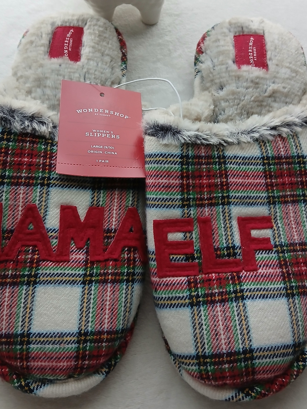 Wondershop Red Plaid 'MAMA ELF' Cozy Slip-On Women's Slippers, Large 9/10 NWT